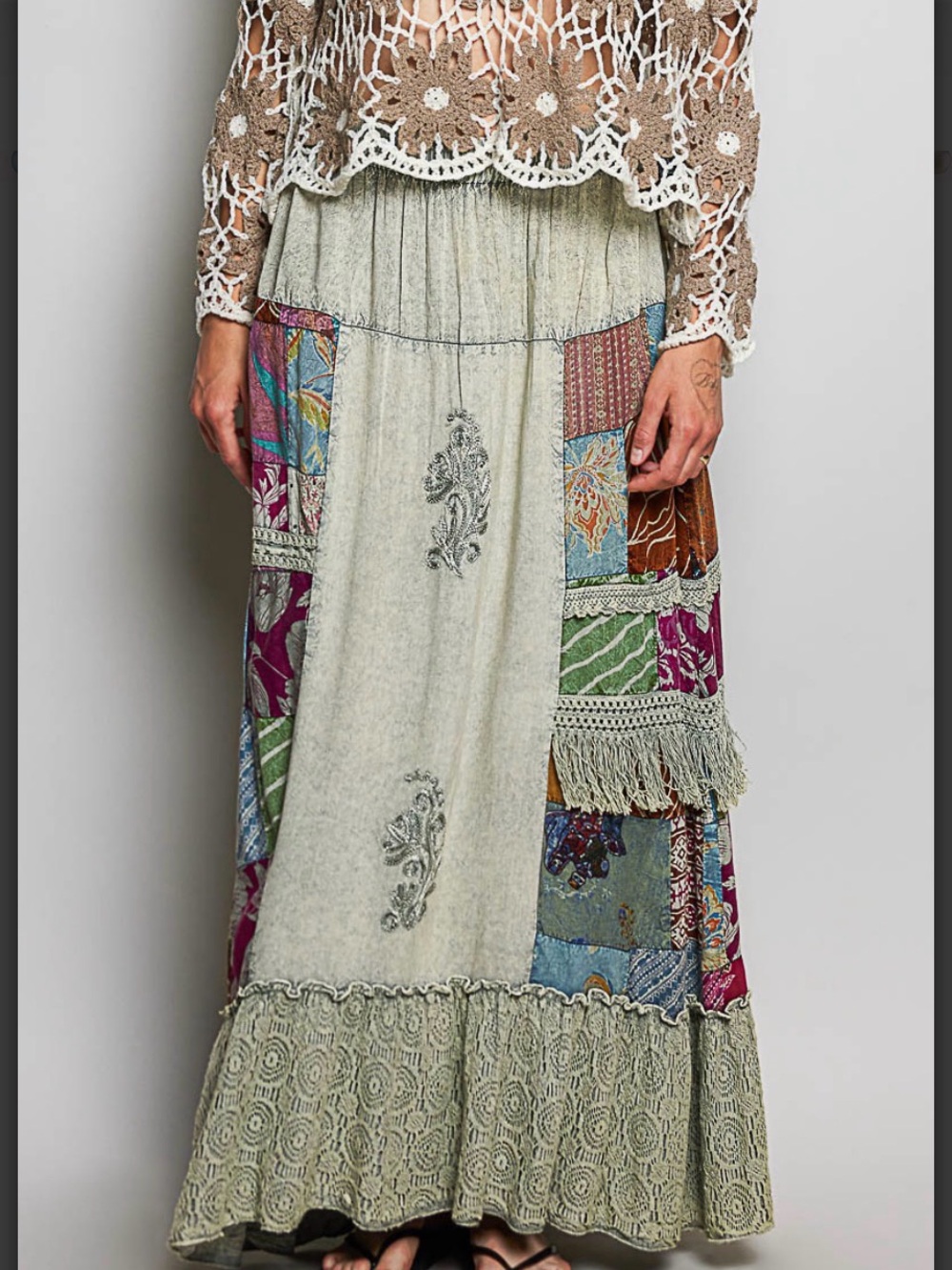 POL One of a Kind Patchwork Embroidered Ruffled Maxi Skirt Sage Multi